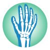 Blue and white hand bone icon with green background for back doctor branding